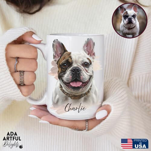 Custom French Bulldog portrait printed on a ceramic mug labeled Charlie, with a small reference photo of it.